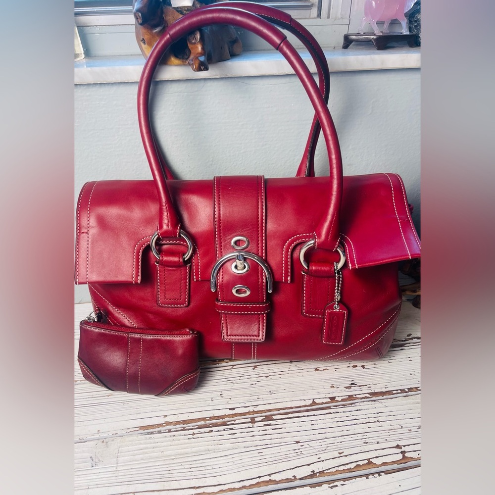 Coach Y2K SoHo True Red Glovetanned Leather Buckle Flap Satchel Bag Coin Purse